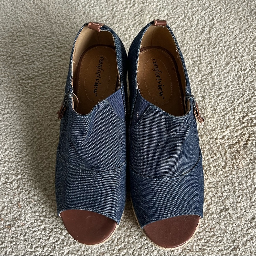 comfortview Marci Denim Fabric Side Zip Peep Toe Espadrilles